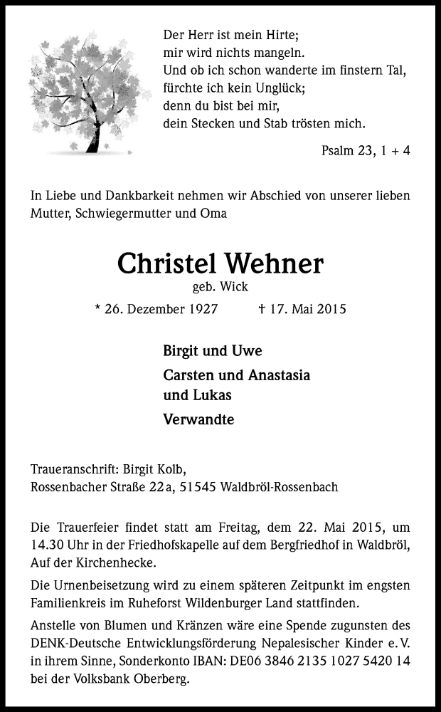  Traueranzeige für Christel Wehner vom 20.05.2015 aus Kölner Stadt-Anzeiger / Kölnische Rundschau / Express