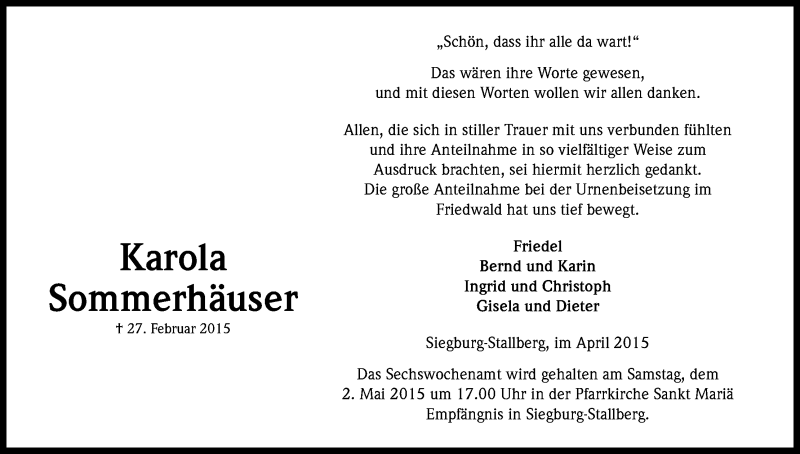  Traueranzeige für Karola Sommerhäuser vom 18.04.2015 aus Kölner Stadt-Anzeiger / Kölnische Rundschau / Express