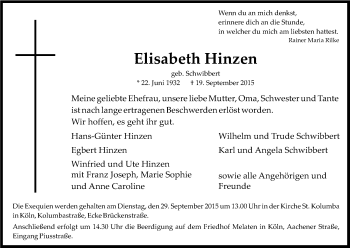 Anzeige von Elisabeth Hinzen von Kölner Stadt-Anzeiger / Kölnische Rundschau / Express