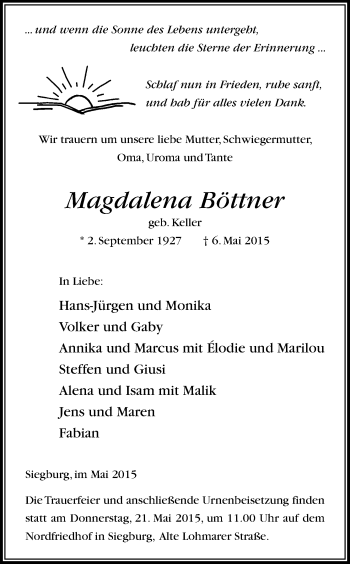 Anzeige von Magdalena Böttner von Kölner Stadt-Anzeiger / Kölnische Rundschau / Express