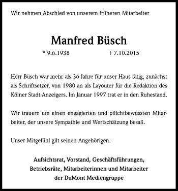 Anzeige von Manfred Büsch von Kölner Stadt-Anzeiger / Kölnische Rundschau / Express