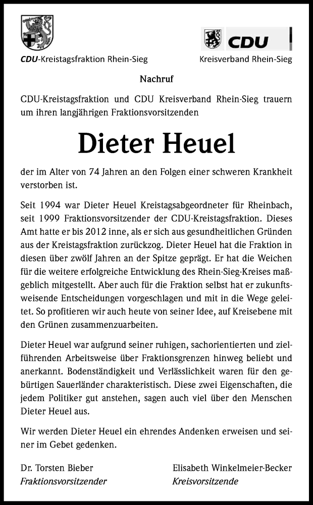  Traueranzeige für Dieter Heuel vom 11.04.2015 aus Kölner Stadt-Anzeiger / Kölnische Rundschau / Express