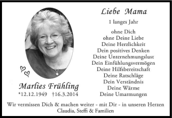 Anzeige von Marlies Frühling von Kölner Stadt-Anzeiger / Kölnische Rundschau / Express