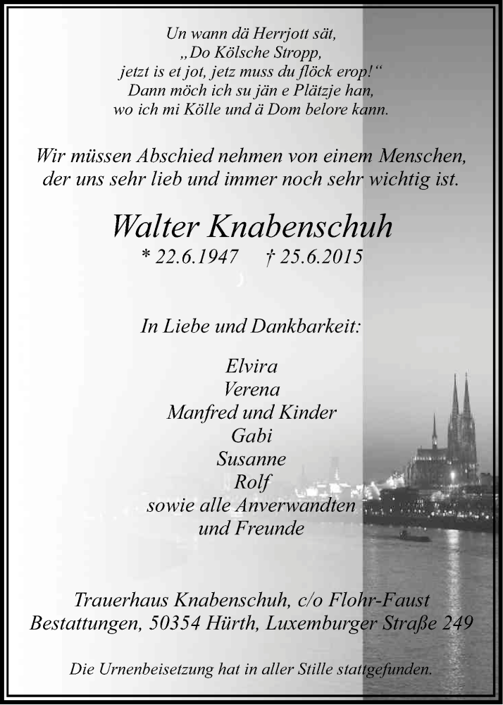  Traueranzeige für Walter Knabenschuh vom 27.06.2015 aus Kölner Stadt-Anzeiger / Kölnische Rundschau / Express
