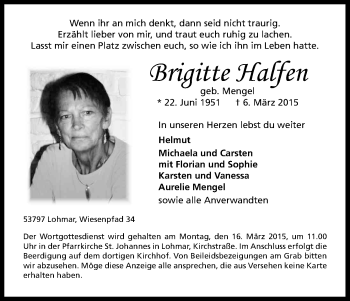 Anzeige von Brigitte Halfen von Kölner Stadt-Anzeiger / Kölnische Rundschau / Express