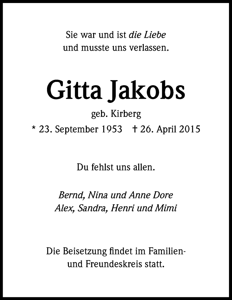  Traueranzeige für Gitta Jakobs vom 16.05.2015 aus Kölner Stadt-Anzeiger / Kölnische Rundschau / Express