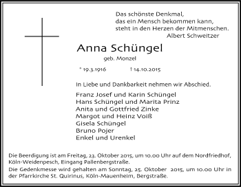 Anzeige von Anna Schüngel von Kölner Stadt-Anzeiger / Kölnische Rundschau / Express