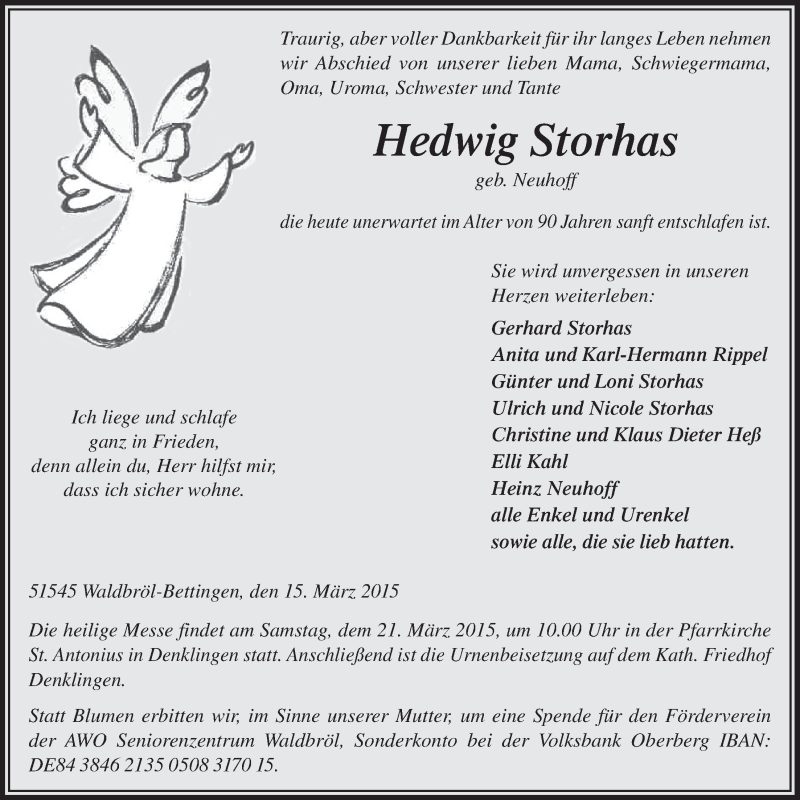  Traueranzeige für Hedwig Storhas vom 18.03.2015 aus  Lokalanzeiger 