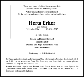 Anzeige von Herta Erker von Kölner Stadt-Anzeiger / Kölnische Rundschau / Express