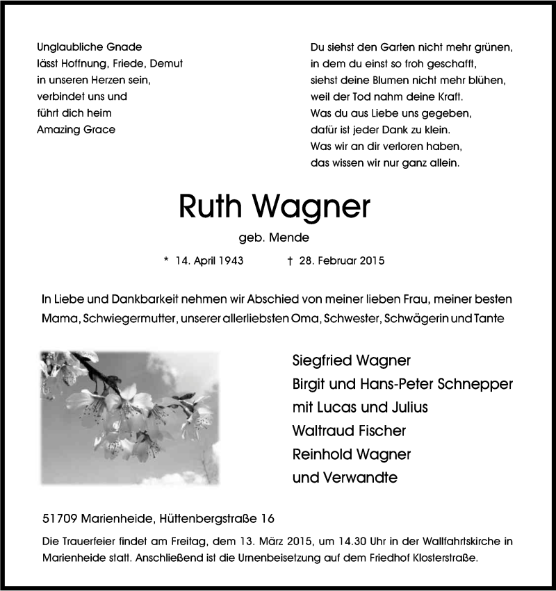  Traueranzeige für Ruth Wagner vom 07.03.2015 aus Kölner Stadt-Anzeiger / Kölnische Rundschau / Express