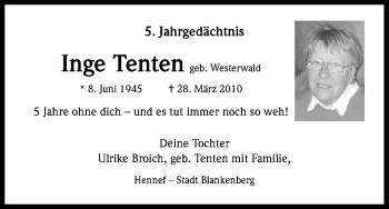 Anzeige von Inge Tenten von Kölner Stadt-Anzeiger / Kölnische Rundschau / Express