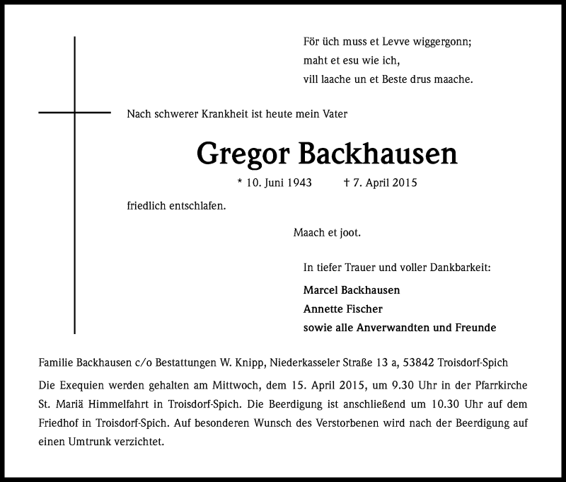  Traueranzeige für Gregor Backhausen vom 11.04.2015 aus Kölner Stadt-Anzeiger / Kölnische Rundschau / Express