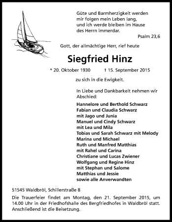 Anzeige von Siegfried Hinz von Kölner Stadt-Anzeiger / Kölnische Rundschau / Express
