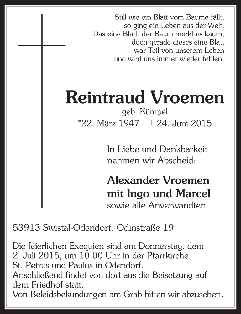  Traueranzeige für Reintraud Vroemen vom 01.07.2015 aus  Schaufenster/Blickpunkt 