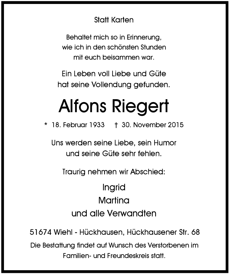  Traueranzeige für Alfons Riegert vom 09.12.2015 aus  Anzeigen Echo 