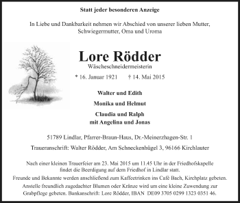 Anzeige von Lore Rödder von Kölner Stadt-Anzeiger / Kölnische Rundschau / Express