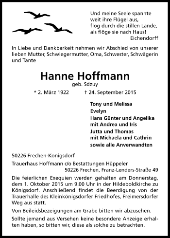 Anzeige von Hanne Hoffmann von Kölner Stadt-Anzeiger / Kölnische Rundschau / Express