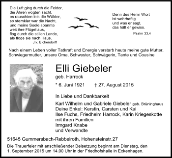 Anzeige von Elli Giebeler von Kölner Stadt-Anzeiger / Kölnische Rundschau / Express