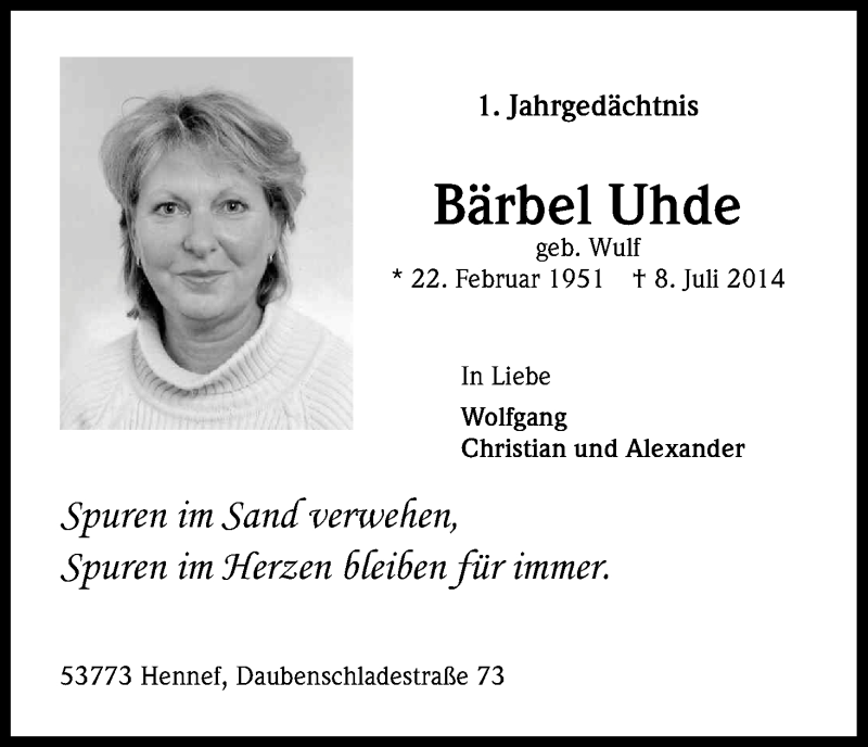  Traueranzeige für Bärbel Uhde vom 08.07.2015 aus Kölner Stadt-Anzeiger / Kölnische Rundschau / Express