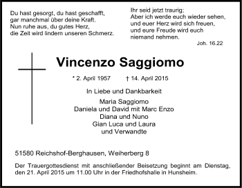 Anzeige von Vincenzo Saggiomo von Kölner Stadt-Anzeiger / Kölnische Rundschau / Express