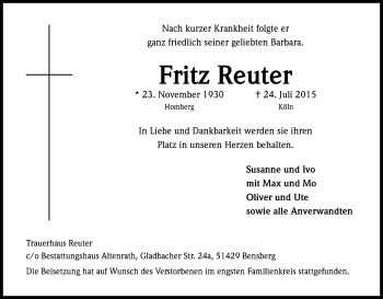 Anzeige von Fritz Reuter von Kölner Stadt-Anzeiger / Kölnische Rundschau / Express