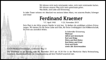 Anzeige von Ferdinand Kraemer von Kölner Stadt-Anzeiger / Kölnische Rundschau / Express