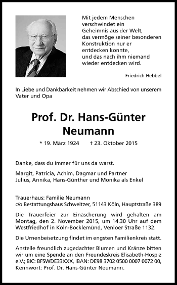 Anzeige von Hans-Günter  Neumann von Kölner Stadt-Anzeiger / Kölnische Rundschau / Express