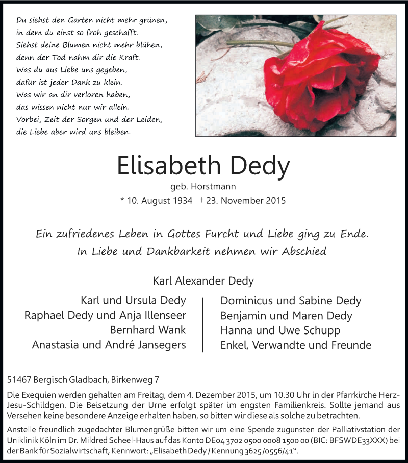  Traueranzeige für Elisabeth Dedy vom 28.11.2015 aus Kölner Stadt-Anzeiger / Kölnische Rundschau / Express