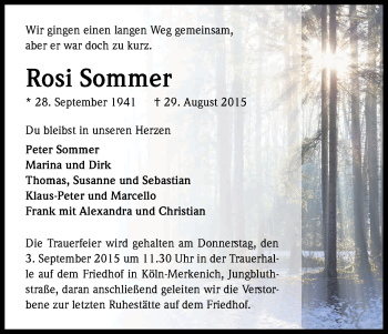 Anzeige von Rosi Sommer von Kölner Stadt-Anzeiger / Kölnische Rundschau / Express