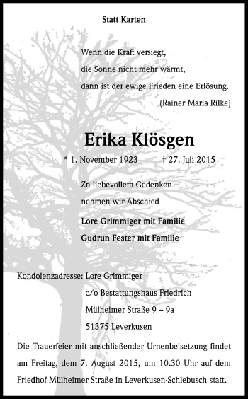 Anzeige von Erika Klösgen von Kölner Stadt-Anzeiger / Kölnische Rundschau / Express
