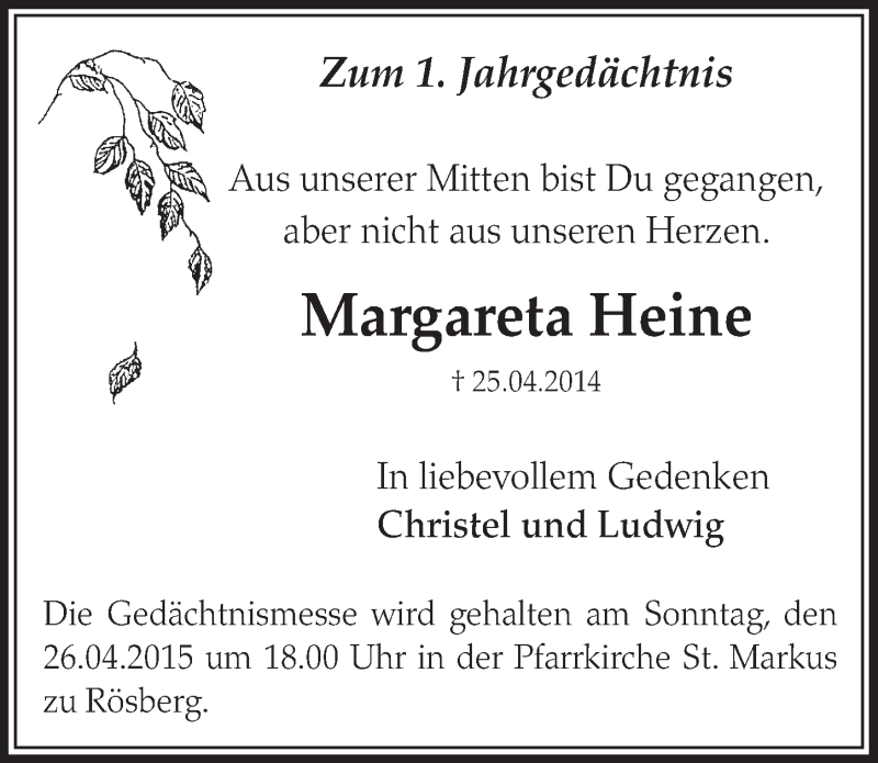  Traueranzeige für Margareta Heine vom 22.04.2015 aus  Schlossbote/Werbekurier 