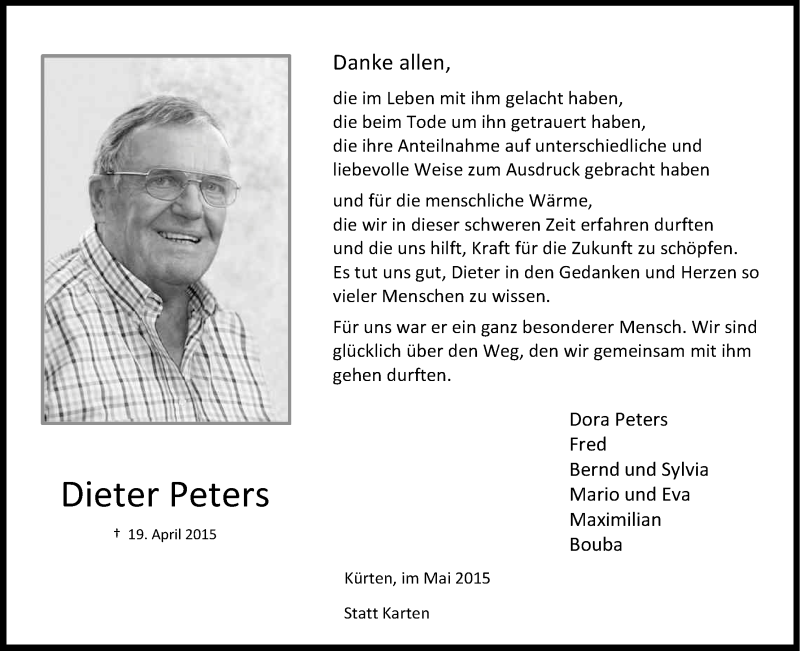  Traueranzeige für Dieter Peters vom 09.05.2015 aus Kölner Stadt-Anzeiger / Kölnische Rundschau / Express