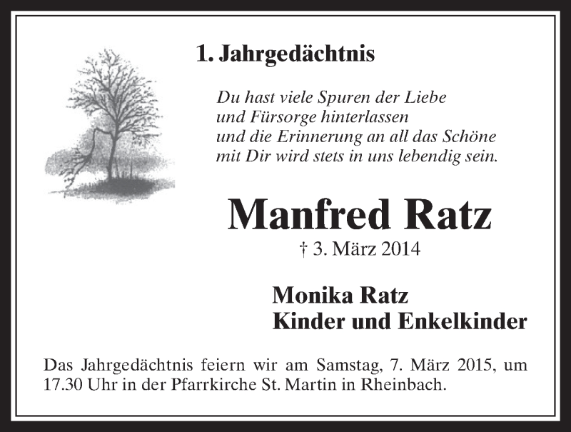  Traueranzeige für Manfred Ratz vom 04.03.2015 aus  Schaufenster/Blickpunkt 