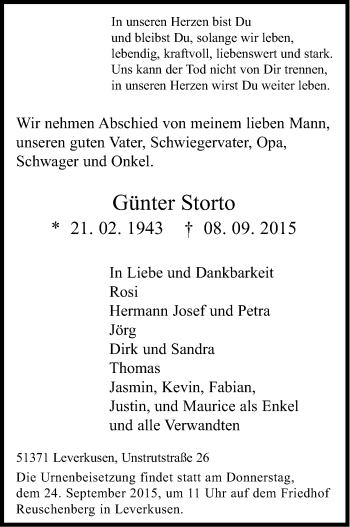 Anzeige von Günter Storto von Kölner Stadt-Anzeiger / Kölnische Rundschau / Express