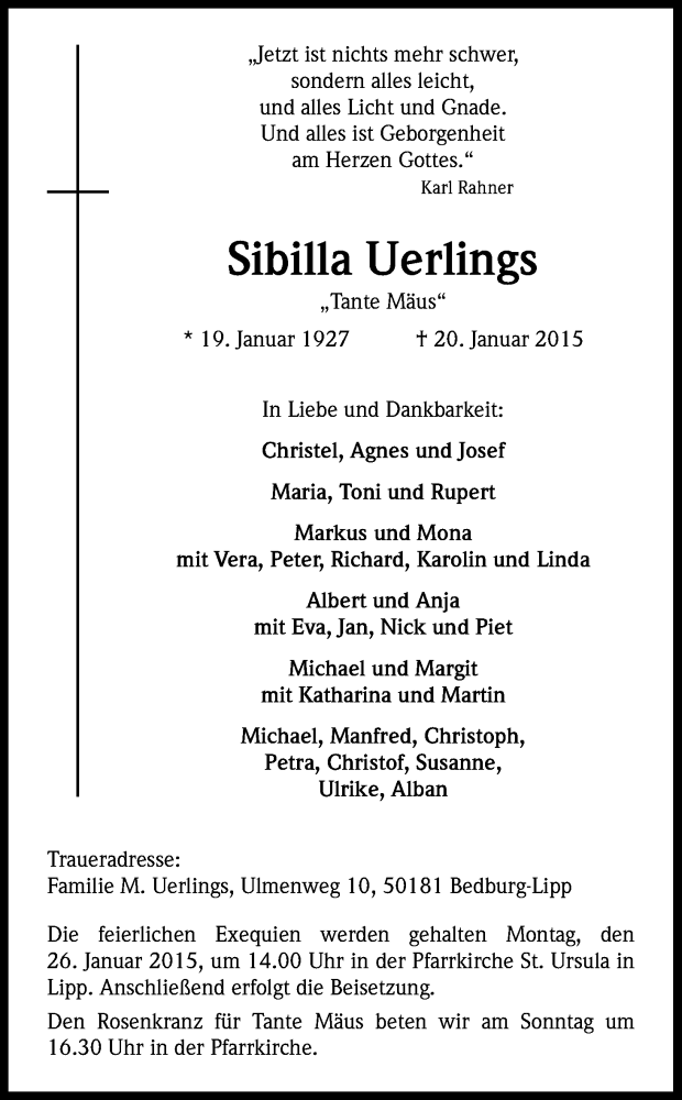  Traueranzeige für Sibilla Uerlings vom 24.01.2015 aus Kölner Stadt-Anzeiger / Kölnische Rundschau / Express