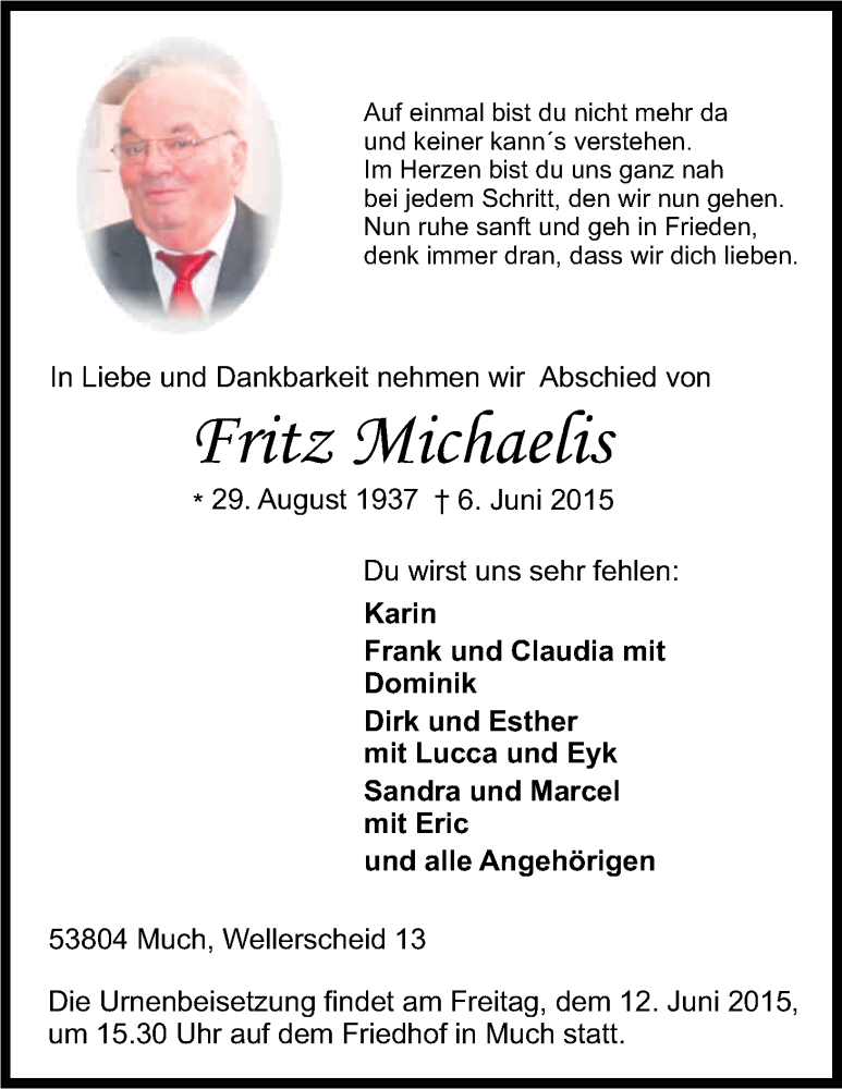  Traueranzeige für Fritz Michaelis vom 09.06.2015 aus Kölner Stadt-Anzeiger / Kölnische Rundschau / Express
