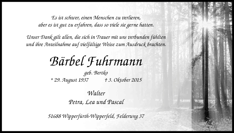  Traueranzeige für Bärbel Fuhrmann vom 07.11.2015 aus Kölner Stadt-Anzeiger / Kölnische Rundschau / Express