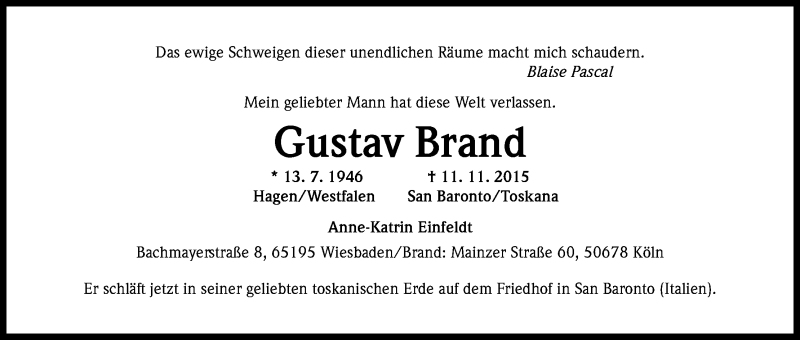  Traueranzeige für Gustav Brand vom 21.11.2015 aus Kölner Stadt-Anzeiger / Kölnische Rundschau / Express