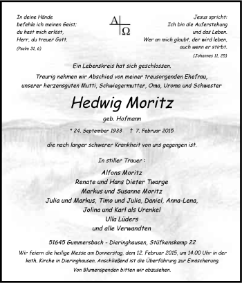 Anzeige von Hedwig Moritz von Kölner Stadt-Anzeiger / Kölnische Rundschau / Express