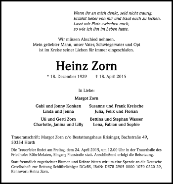 Anzeige von Heinz Zorn von Kölner Stadt-Anzeiger / Kölnische Rundschau / Express