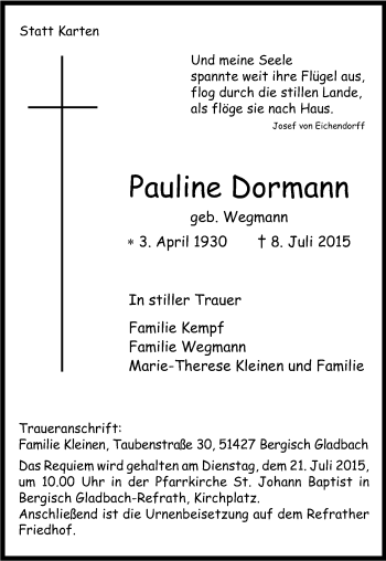 Anzeige von Pauline Dormann von Kölner Stadt-Anzeiger / Kölnische Rundschau / Express