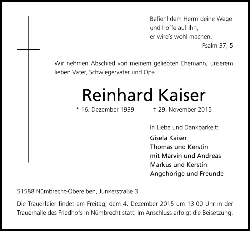  Traueranzeige für Reinhard Kaiser vom 02.12.2015 aus Kölner Stadt-Anzeiger / Kölnische Rundschau / Express