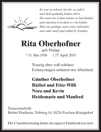 Anzeige von Rita Oberhofner von  Wochenende 