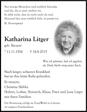 Anzeige von Katharina Litger von Kölner Stadt-Anzeiger / Kölnische Rundschau / Express