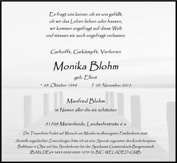 Anzeige von Monika Blohm von Köln - Wir Trauern