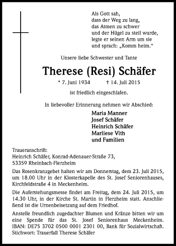 Anzeige von Therese Schäfer von Kölner Stadt-Anzeiger / Kölnische Rundschau / Express