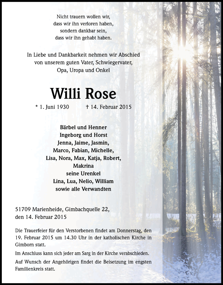  Traueranzeige für Willi Rose vom 17.02.2015 aus Kölner Stadt-Anzeiger / Kölnische Rundschau / Express
