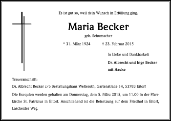 Anzeige von Maria Becker von Kölner Stadt-Anzeiger / Kölnische Rundschau / Express