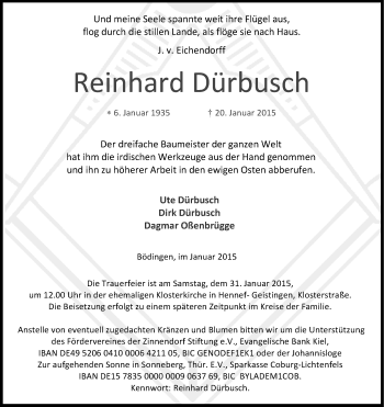 Anzeige von Reinhard Dürbusch von Kölner Stadt-Anzeiger / Kölnische Rundschau / Express