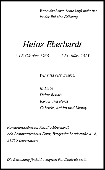 Anzeige von Heinz Eberhardt von Kölner Stadt-Anzeiger / Kölnische Rundschau / Express